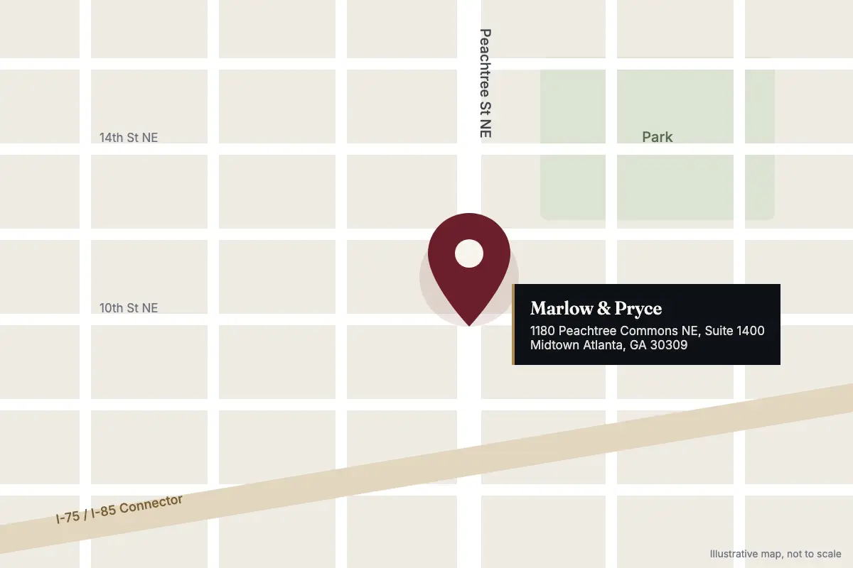 Illustrated map showing the Marlow & Pryce office on Peachtree Street in Midtown Atlanta